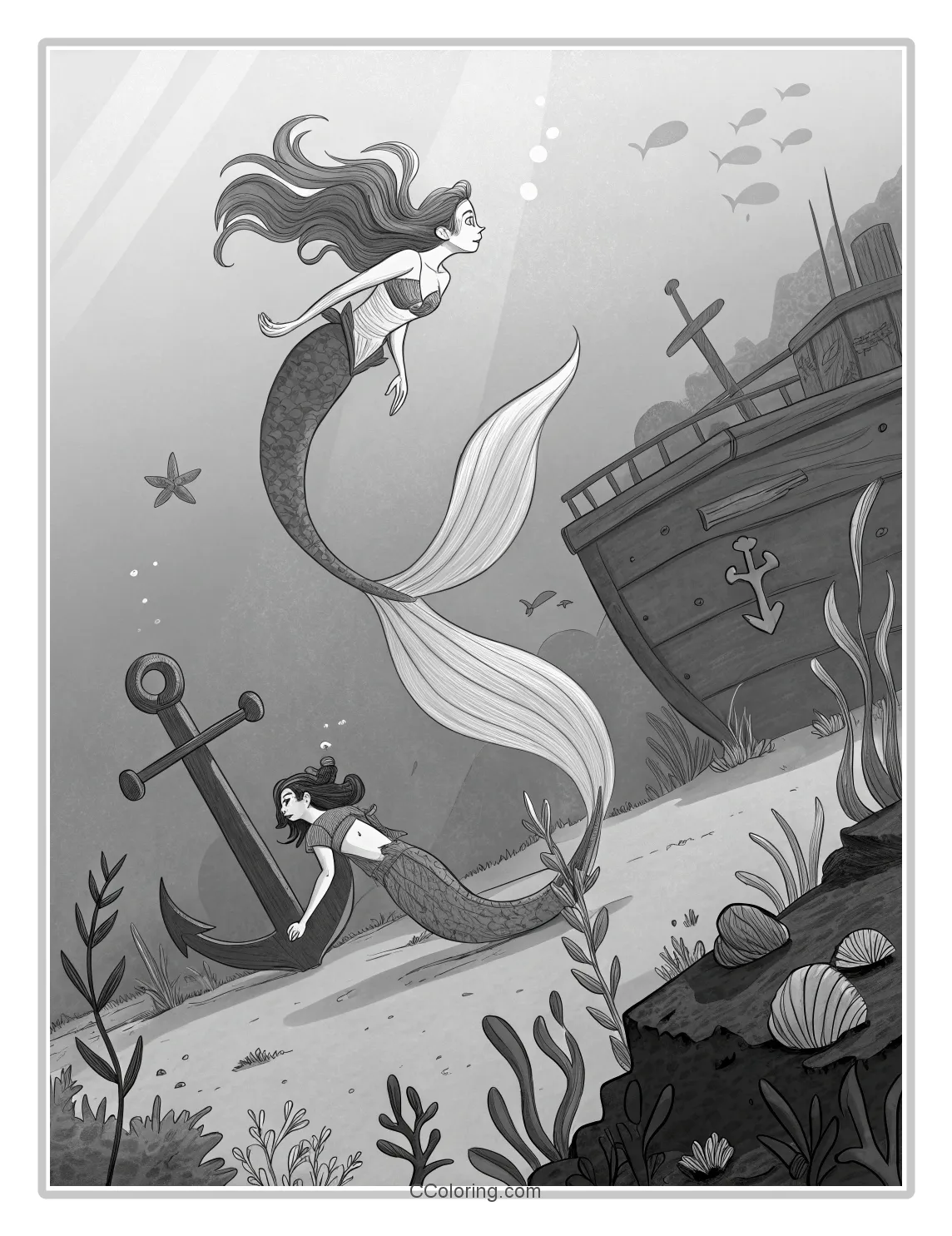 Monochrome Mermaid Scenes with Basic Shipwreck Elements